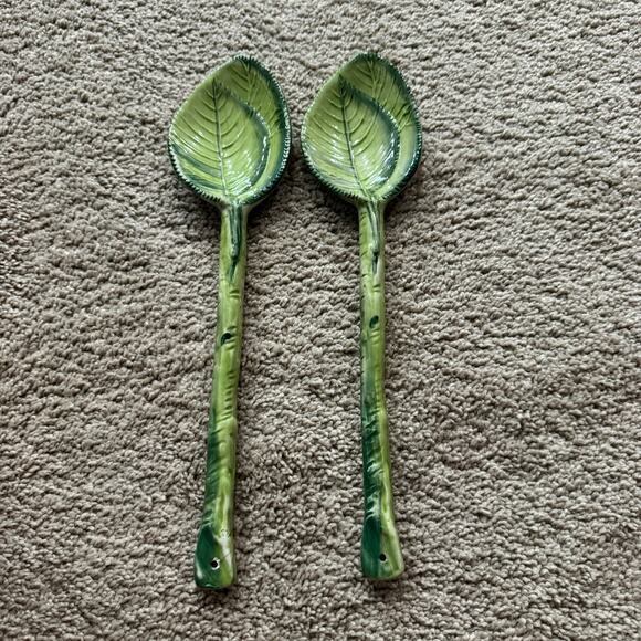 SET of 2 Vintage Pizzato Glazed Ceramic Green Serving Spoons Handmade in Italy - Picture 1 of 9